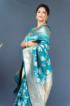 Sky Colour Thankar  Soft Silk  With Gold Jari Saree
