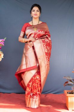 Orange  Colour Thankar  Soft Silk  With Gold Jari Saree