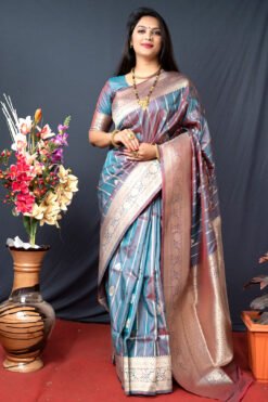 Morpich Colour Zumkhi Pure Silk Banarasi With Gold Jari Saree