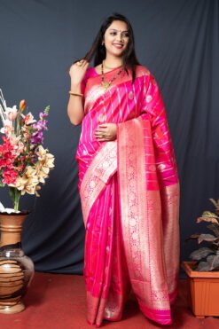 Pink Colour Zumkhi Pure Silk Banarasi With Gold Jari Saree