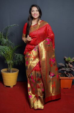 Red Colour Garden Paithani Pure Silk  With Gold Jari Saree