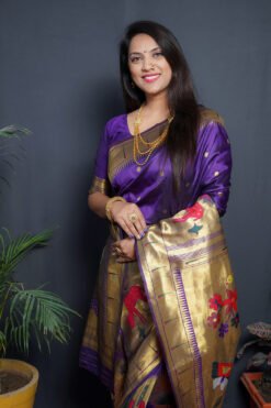Royal Blue Colour Garden Paithani Pure Silk  With Gold Jari Saree