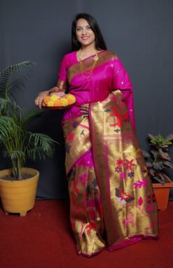 Pink Colour Garden Paithani Pure Silk  With Gold Jari Saree