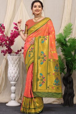 Orange Colour Mor Bangdi Pure Silk  With Gold Jari Saree