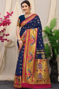 Blue Colour Mor Bangdi Pure Silk  With Gold Jari Saree