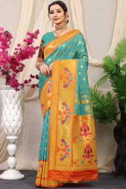 Sky Colour Mor Bangdi Pure Silk  With Gold Jari Saree