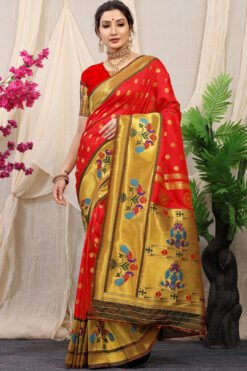 Red Colour Mor Bangdi Pure Silk  With Gold Jari Saree