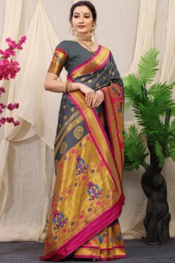 Grey Colour Mor Bangdi Pure Silk  With Gold Jari Saree