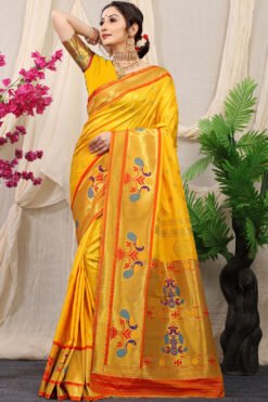 Yellow Colour Mor Bangdi Pure Silk  With Gold Jari Saree