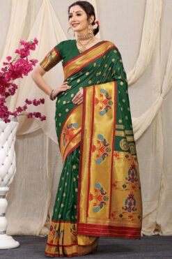 Green Colour Mor Bangdi Pure Silk  With Gold Jari Saree