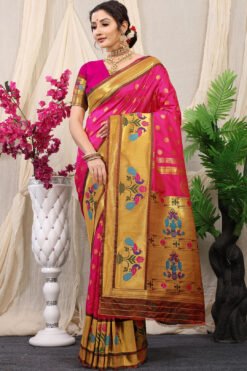Pink Colour Mor Bangdi Pure Silk  With Gold Jari Saree