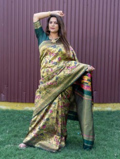 Morpich Color Pareeniti Pure Silk  With Gold Jari Saree