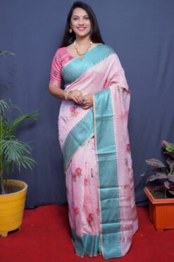 Sky Color Rajwadi linen Soft Silk Linen Printed Saree