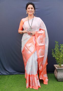 Orange Colour Barby Soft  Tissue Silk With Rich Silver Jari Saree