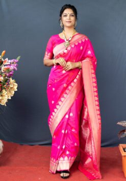 Pink Colour Zumkhi Soft Silk With Gold Jari Saree